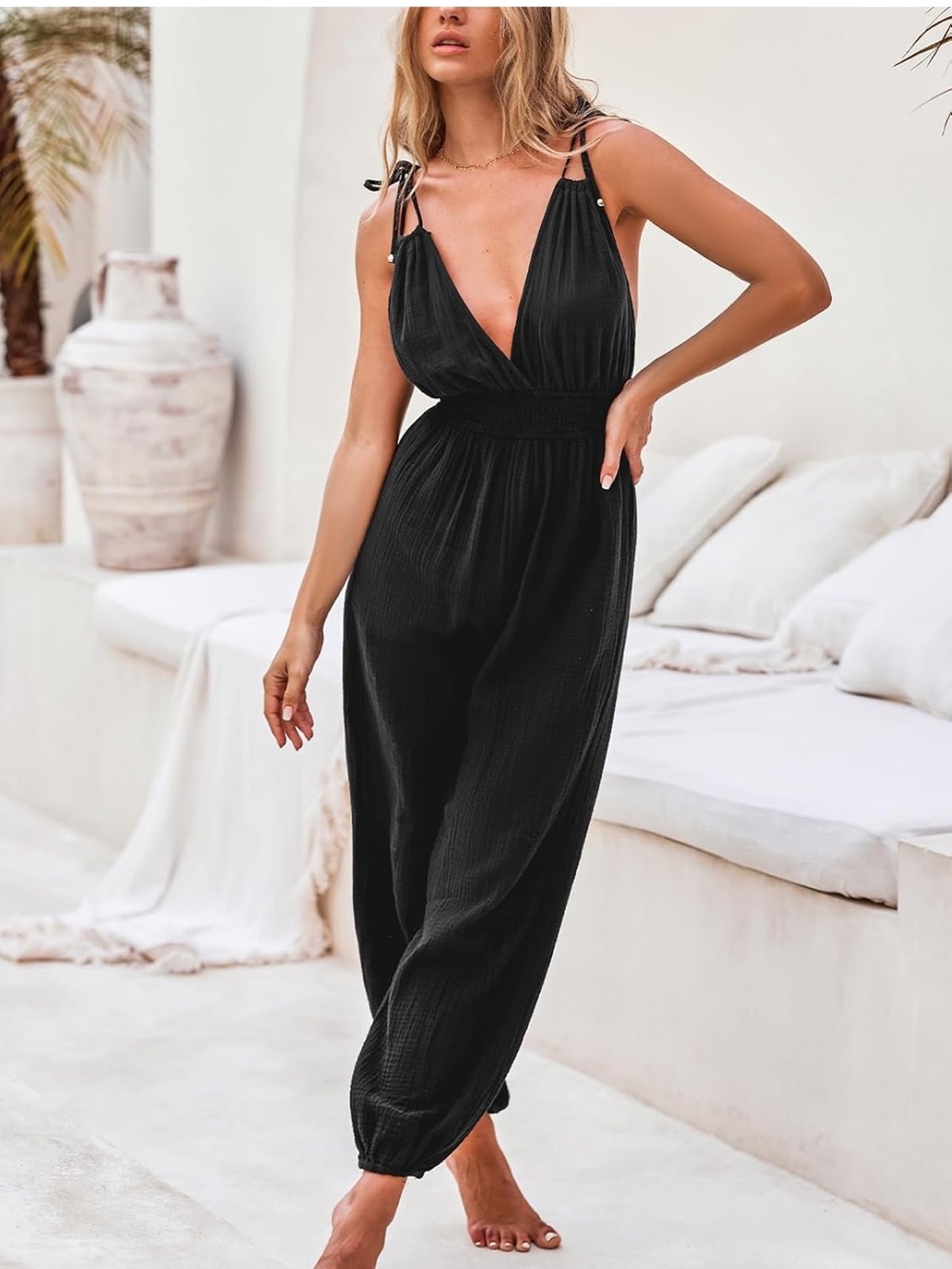 Cupshe Black Smocked-Waist Tie-Strap Jumpsuit - Picture 2 of 7